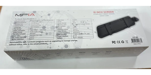 MPIA CC63 10" Dokunmatik Ekran FullHD 1080P Hafıza Araç Içi Çift Lens Kamera (Çakmaklık Adaptörü) - 10