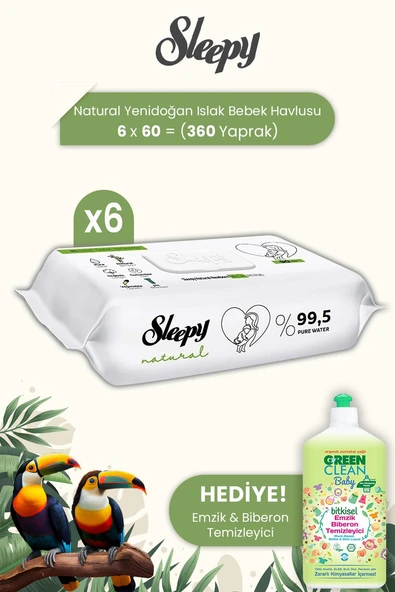 Sleepy Natural Yenidoğan Islak Bebek Havlusu 60'lı x 6 Adet ve Biberon Temizleyici