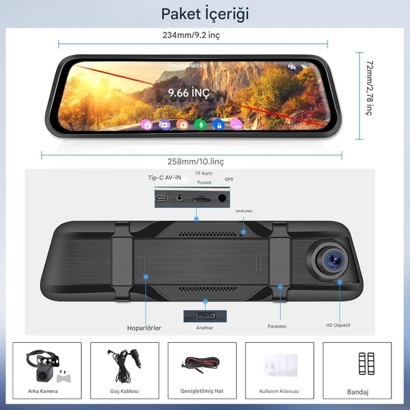 MPIA CC63 10" Dokunmatik Ekran FullHD 1080P Hafıza Araç Içi Çift Lens Kamera (Çakmaklık Adaptörü) - 3
