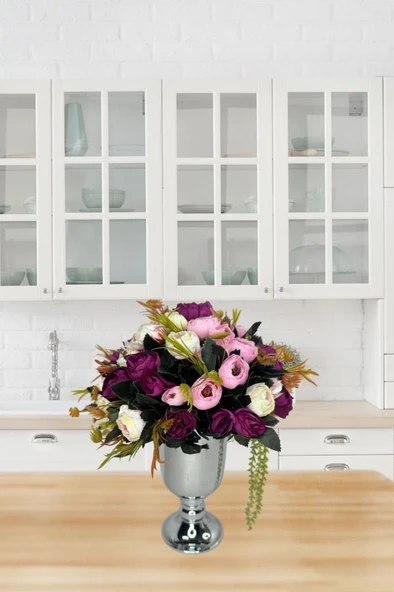 Nettenevime Yapay Çiçek Aranjmanı Metal Gümüş Vazolu Renkli Erengüller Masa Üstü Çiçeği Arajman - Resim 3