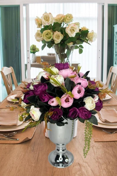 Nettenevime Yapay Çiçek Aranjmanı Metal Gümüş Vazolu Renkli Erengüller Masa Üstü Çiçeği Arajman - Resim 4