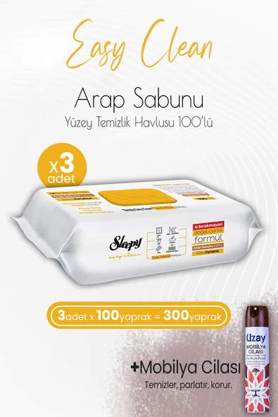 Sleepy Easy Clean Yüzey Temizlik Havlusu Arap Sabunu Katkılı 100' lü x 3 Adet ve Mobilya Cilası Sandalağacı ürün görseli