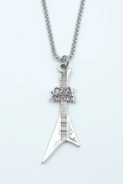 Ozzy Osbourne Elektro Gitar Gümüş Kaplama Örme Zincir Kolye ürün görseli 1