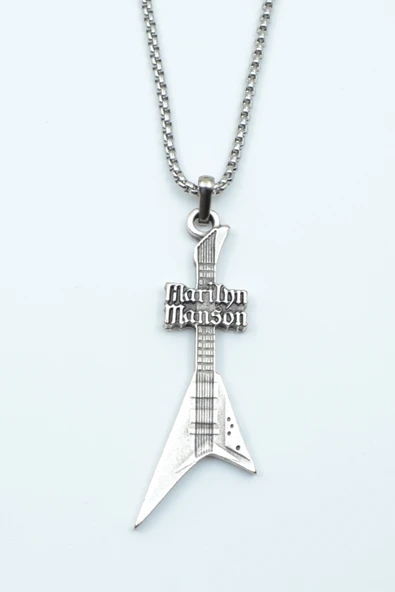Marilyn Manson Elektro Gitar Gümüş Kaplama Örme Zincir Kolye ürün görseli 1