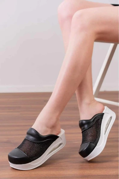 Tasarım Siyah File Air Max Taban Kadın Tam Ortopedik Blum Sabo Terlik