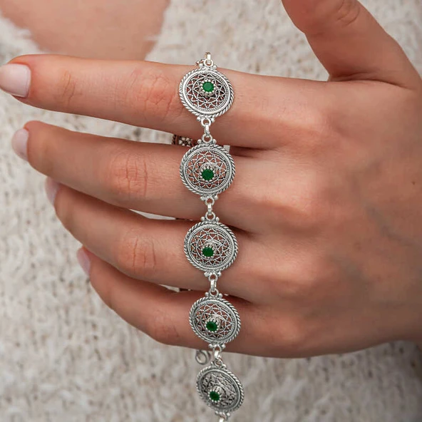 samur parti parti aksesuar & kostüm Gümüş Telkari Zümrüt Taşlı Kadın Bileklik - Resim 4