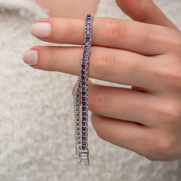 samur parti parti aksesuar & kostüm Gümüş Mor Zirkon Taşlı Su Yolu Kadın Bileklik - Resim 4