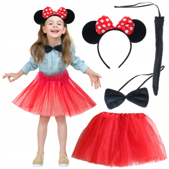 Minnie Mouse Kostüm Seti - Etek, Taç, Kuyruk, Papyon