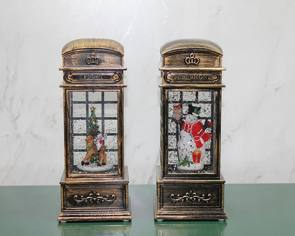 Telefon Kulübesi Tasarımlı Yılbaşı Temalı Işıklı Müzikli Kar Küresi Model 1 - 1