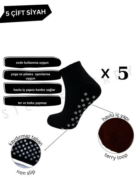 5'li Erkek Siyah Kaydırmaz Taban Ev, Spor, Hac Patik Çorap