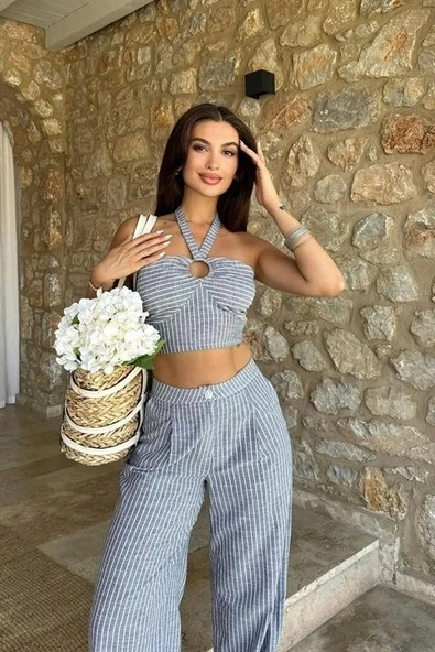 Vesna Keten Çizgili Crop Takım 9806-0025 - 3