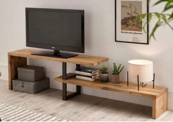 KUZELA  Metal Ayaklı Masif Ahşap Iki Katlı Tv Ünitesi.