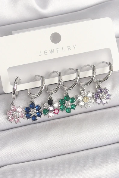 Pirinç Gümüş Renk Sallantı Renkli Zirkon Taşlı Çiçek Model Kadın Küpe Seti