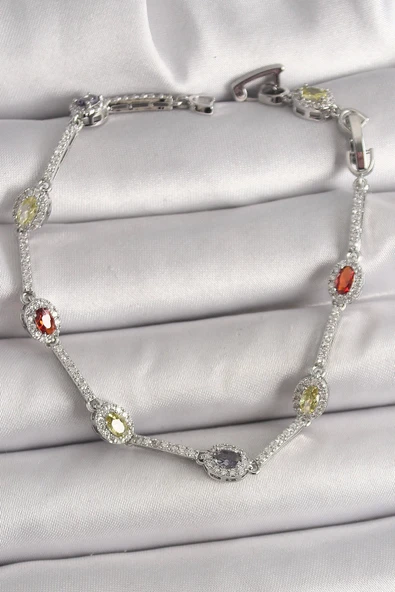 Pirinç Gümüş Renk Renkli Zirkon Taşlı Damla Taş Model Kadın Bileklik ürün görseli