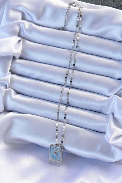 316L Çelik Zincir Gümüş Renk Mavi Mineli Tarot Kolye - TJ-BKO9210 - 2