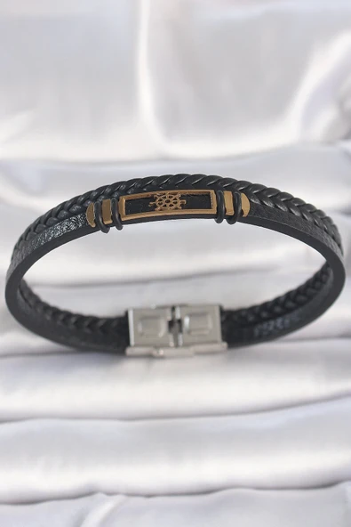 316L Çelik Gold Renk Gemi Dümeni Aksesuarlı Çift Sıra Burgu Desenli Deri Kordon Erkek Bileklik ürün görseli 1