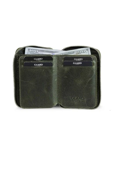 Guard Fermuarlı Antik Yeşil Hakiki Deri Mini Erkek Cüzdan P796 - Resim 8