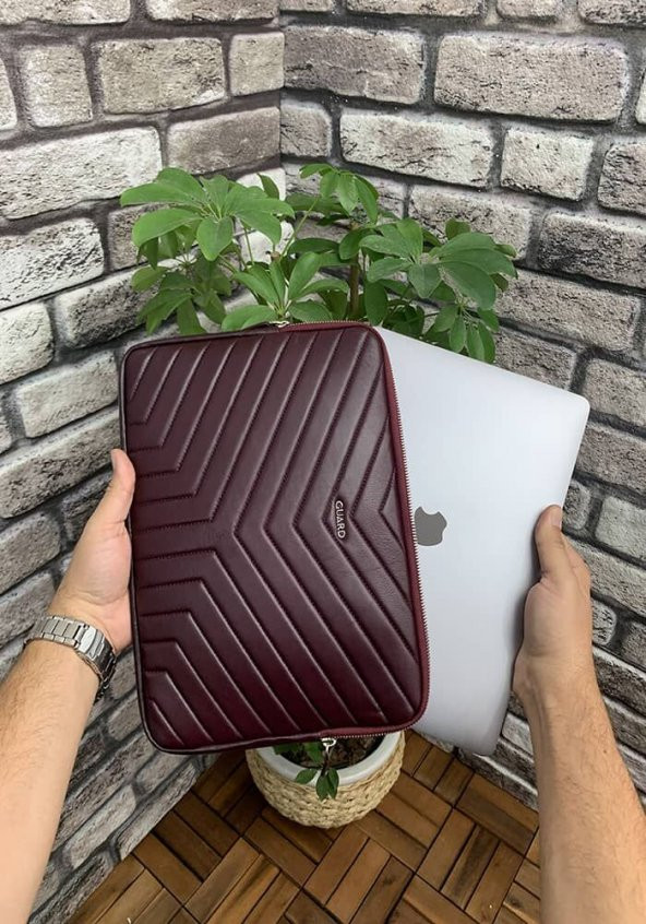 Guard Bordo Üçgen Desen  Clutch Çanta  Macbook Pro 13 inç Laptop Kılıfı Hakiki Deri