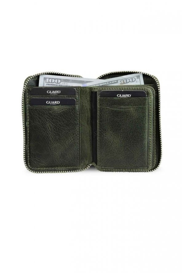 Guard Fermuarlı Antik Yeşil Hakiki Deri Mini Erkek Cüzdan P796 - 2