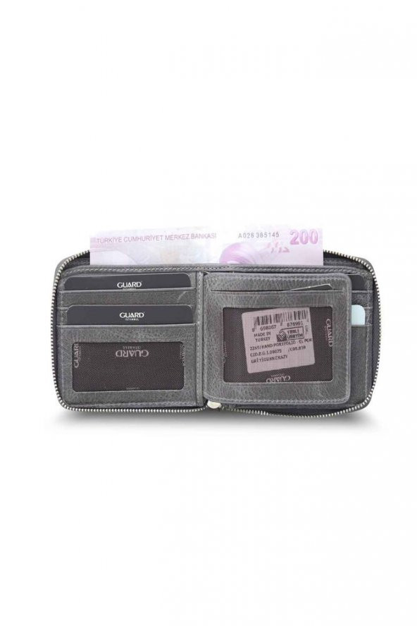 Guard Antik Gri Fermuarlı Yatay Mini Hakiki Deri Cüzdan Erkek / Kadın P2265 - 3