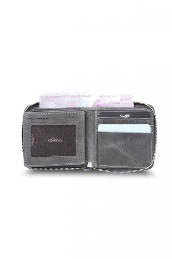 Guard Antik Gri Fermuarlı Yatay Mini Hakiki Deri Cüzdan Erkek / Kadın P2265 - 4