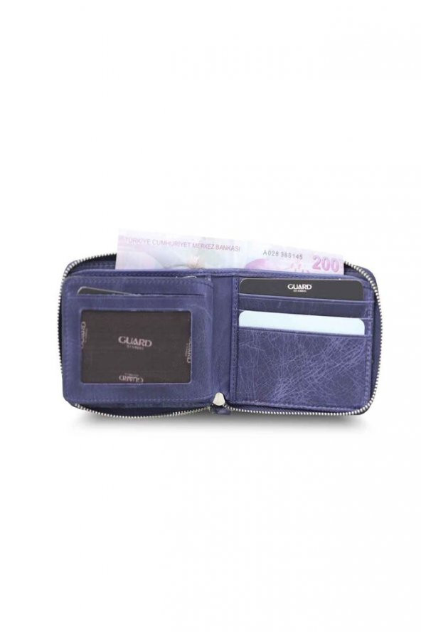 Guard Antik Lacivert Fermuarlı Yatay Mini Hakiki Deri Cüzdan Erkek / Kadın P2265 - 4
