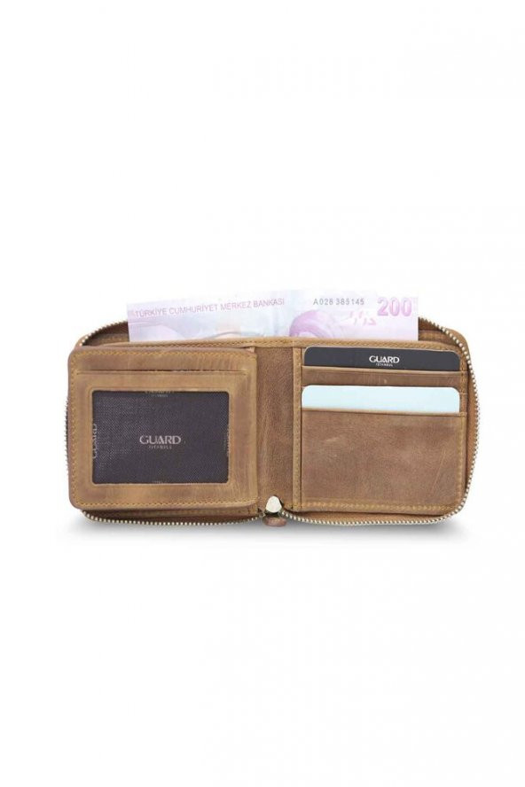 Guard Antik Taba Fermuarlı Yatay Mini Hakiki Deri Cüzdan Erkek / Kadın P2265 - 4