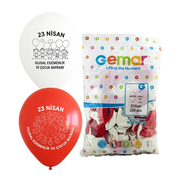 Gemar 23 Nisan Baskılı Balon Kırmızı-Beyaz Balon 100 Adet 26 cm G90