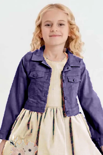 Kız Çocuk Üzerinde Jeans Ceket ve Çiçek Dikiş İşlemeli Krem Elbise - Resim 2