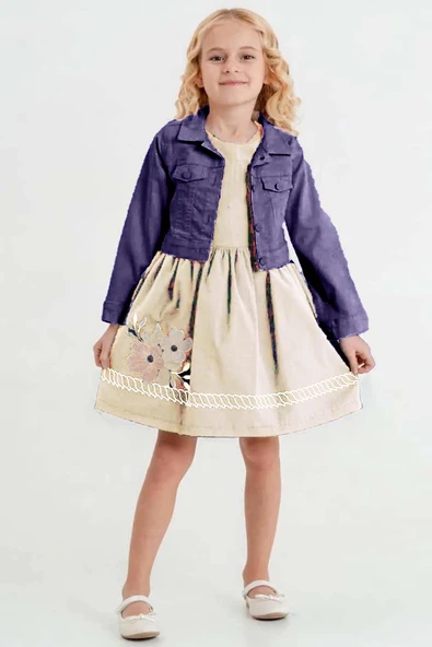 Kız Çocuk Üzerinde Jeans Ceket ve Çiçek Dikiş İşlemeli Krem Elbise - Resim 5