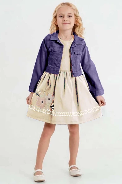 Kız Çocuk Üzerinde Jeans Ceket ve Çiçek Dikiş İşlemeli Krem Elbise ürün görseli
