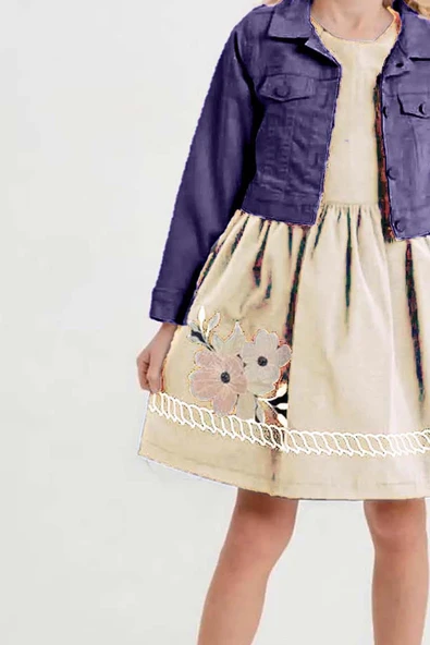 Kız Çocuk Üzerinde Jeans Ceket ve Çiçek Dikiş İşlemeli Krem Elbise - Resim 8