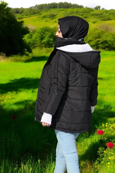 Kışlık Su Geçirmez Kapüşonlu Eldiven Detaylı Uzun Şişme Mont - Resim 2