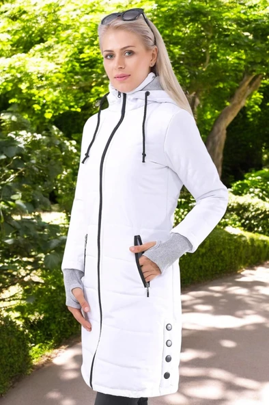 Kışlık Eldiven Detaytlı Kapüşonlu Uzun Şişme Kadın Mont - Resim 5