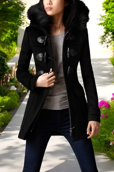 Kışlık Şık Kürklü Kaşmir Kadın Kaşe Kaban ürün görseli 1