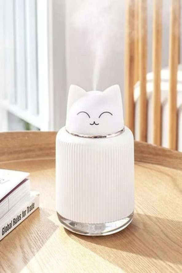 Led Işıklı Sevimli Kedi Hava Nemlendirici Gece Lambası-Beyaz Renk