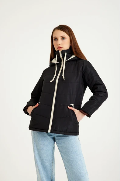 Kısa Kapüşonlu Kışlık Şişme Mont - Resim 5