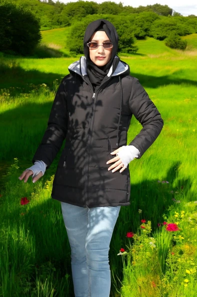 Kışlık Su Geçirmez Kapüşonlu Eldiven Detaylı Uzun Şişme Mont ürün görseli