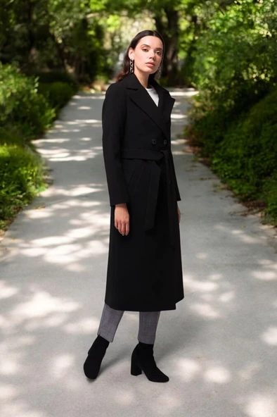 Kışlık Düğme Detaylı Kaşmir Kadın Kaşe Kaban - Resim 4