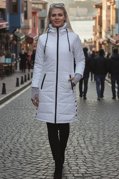 Kışlık Kapüşonlu Uzun Şişme Kadın Mont - Resim 4