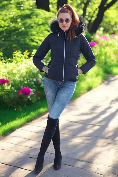 Kışlık Kapüşonlu Kürklü Şık Şişme Kadın Mont ürün görseli