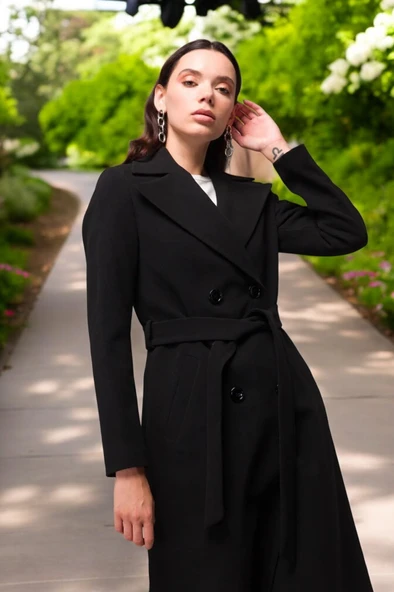 Kışlık Düğme Detaylı Kaşmir Kadın Kaşe Kaban - Resim 6