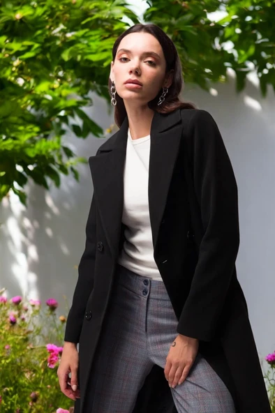 Kışlık Düğme Detaylı Kaşmir Kadın Kaşe Kaban - Resim 5