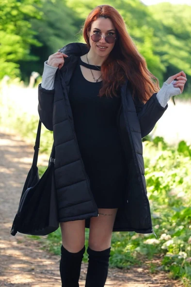 Kışlık Su Geçirmez Eldiven Detaylı Uzun Şişme Mont - Resim 5