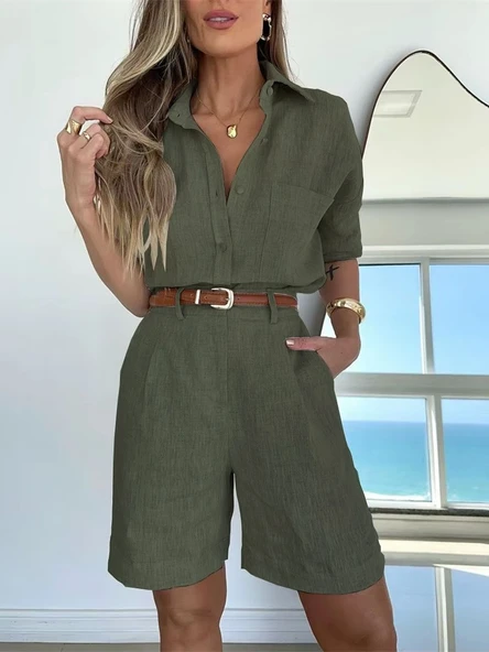 Keten Yazlık Uzun Kol Gömlek Şort İkili Haki Takım - 2