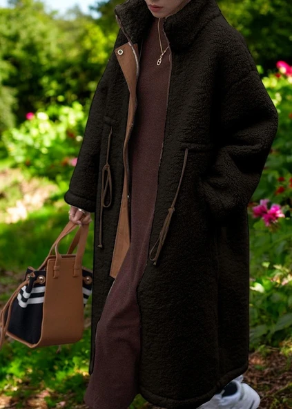 Kışlık Şık Fermuarlı Peluş Ceket - Resim 2