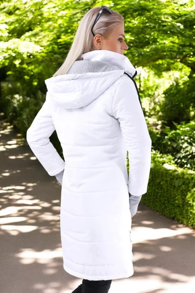 Kışlık Eldiven Detaytlı Kapüşonlu Uzun Şişme Kadın Mont - Resim 2