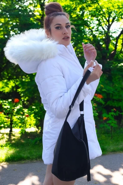 Kapüşonlu Kürklü Kışlık Orta Boy Şişme Kadın Mont - Resim 4