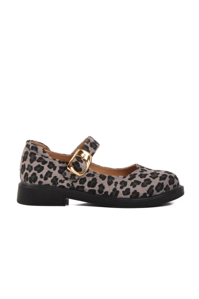 Ayakmod Gri Leopar Desenli Kemerli Kadın Babet 572407 Z