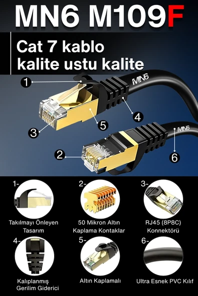 MN6 M109f Cat7 Kablo 10 Metre/Bakır Tel-10gbps-50 Mikron Altın Kaplama/STP/10 Metre Cat7 Ethernet Kablosu - 6